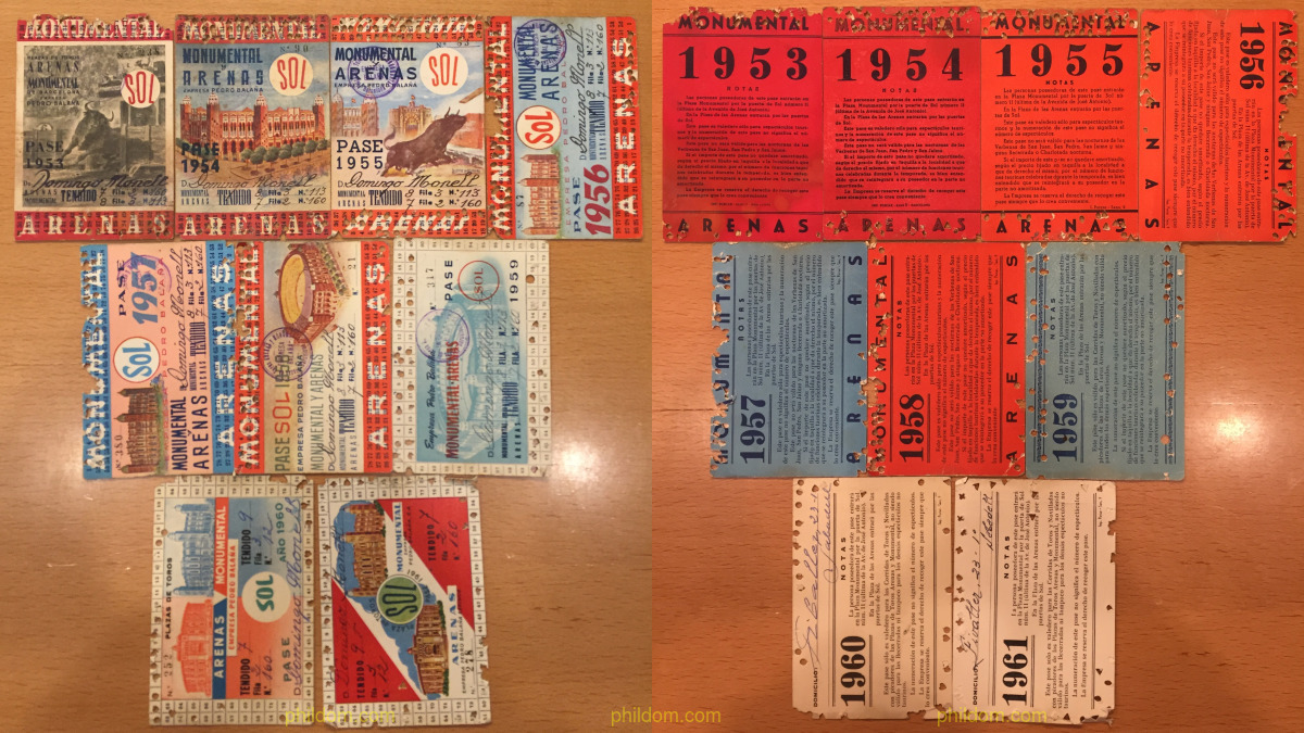 PASE TEMPORADA PLAZA DE TOROS MONUMENTAL. 1953 1954 1955 1956 1957 1958 1959 1960 1961