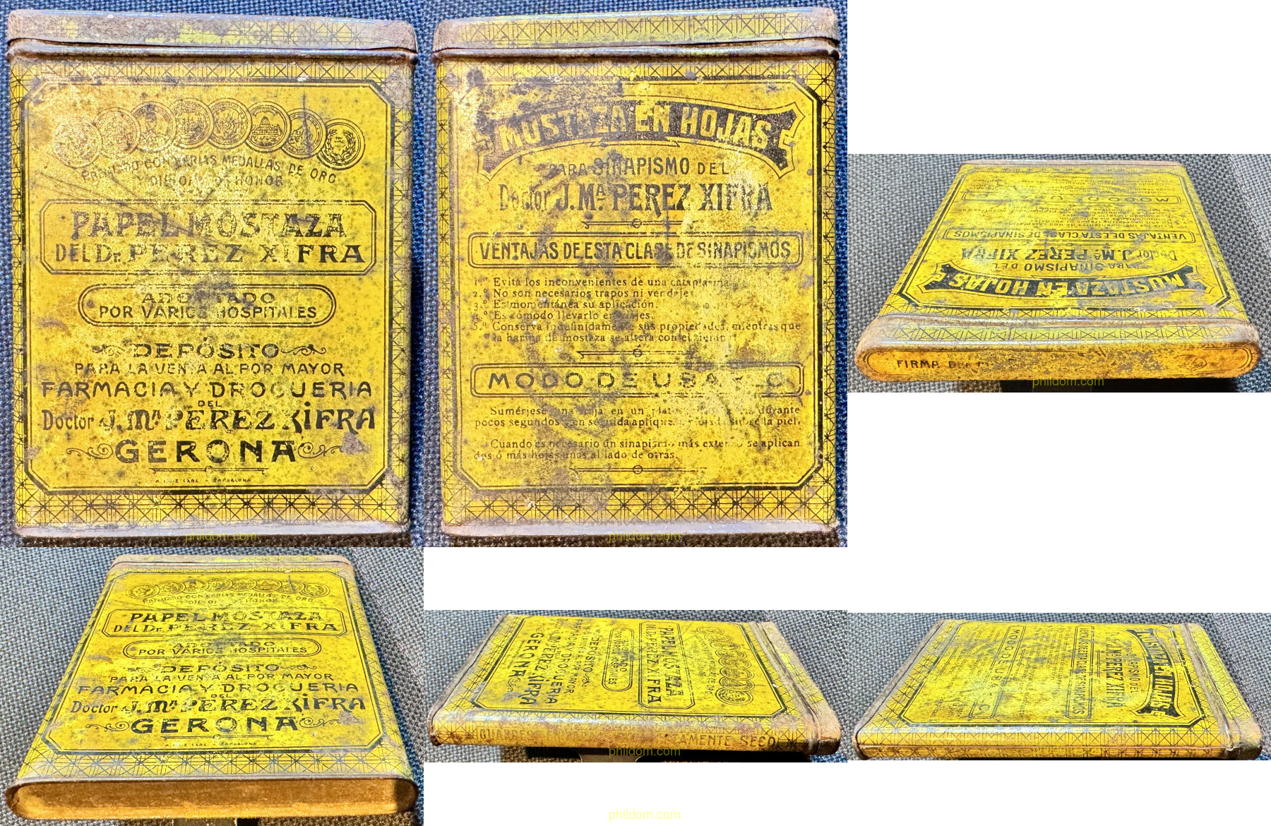 ANTIGUA CAJA DE METAL PAPEL MOSTAZA DEL DR.J.Mª PEREZ XIFRA GERONA – SINAPISMO