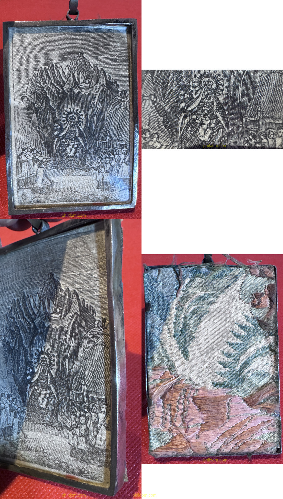 ANTIGUO TEJIDO BORDADO EN SEDA DE LA VIRGEN DE MONTSERRAT. ENMARCADO EN PLATA